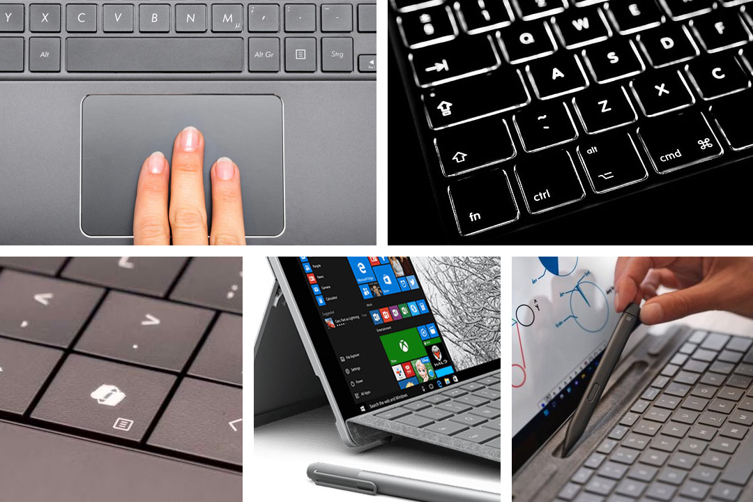 کلاژ ترفندهای کیبورد سرفیس پرو شامل کلید Fn، تاچپد و قلم