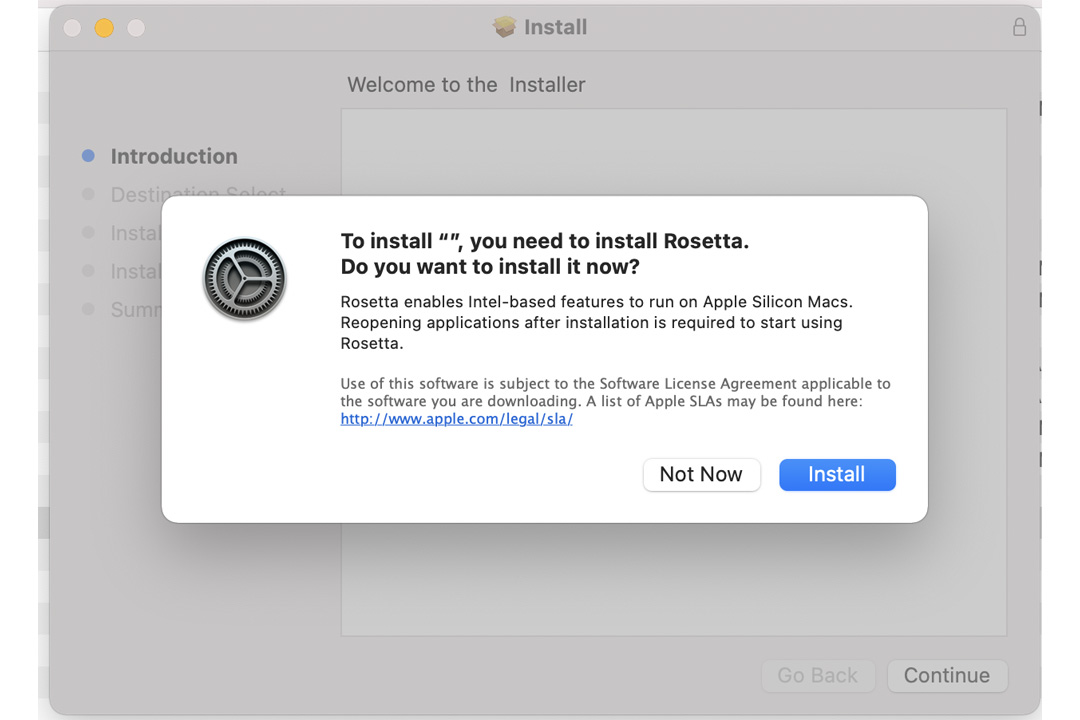 درخواست نصب رزتا 2 در زمان اولین اجرای برنامه مبتنی بر اینتل در مک m1
