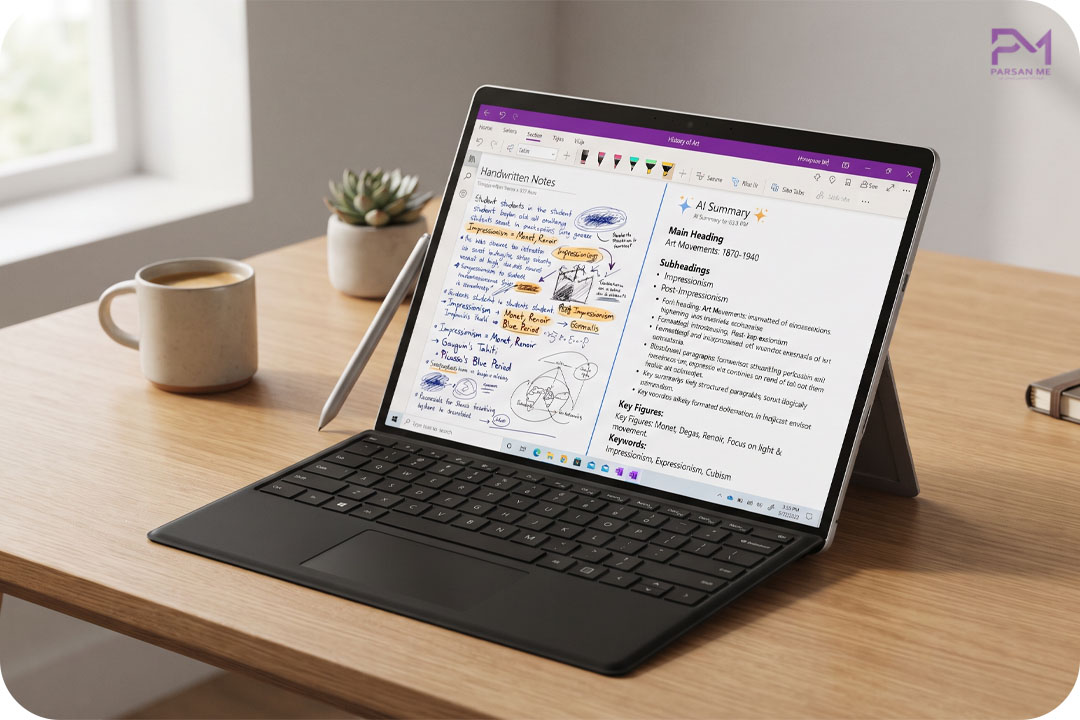 تصویری از محیط OneNote که در یک طرف دست‌خط دانشجو و در طرف دیگر متن مرتب و تایپ شده توسط AI را نشان می‌دهد